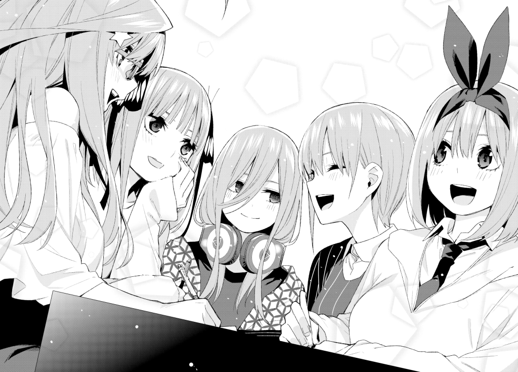 Kelima saudari belajar bersama. Dari kiri: Itsuki, Nino, Miku, Ichika, dan Yotsuba.