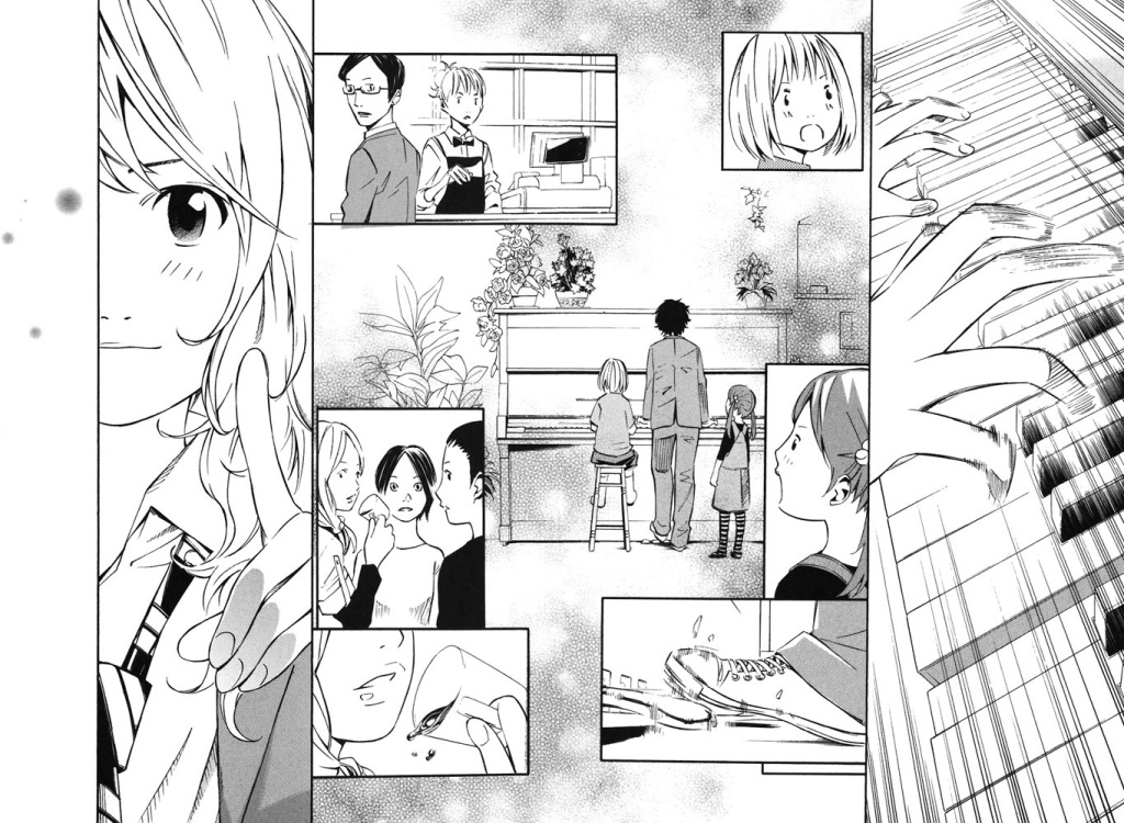 Manga juga lebih mudah diambil screenshot untuk menjabarkan peristiwa. Di sini bisa dilihat orang-orang terbukau dengan permainan Kousei.