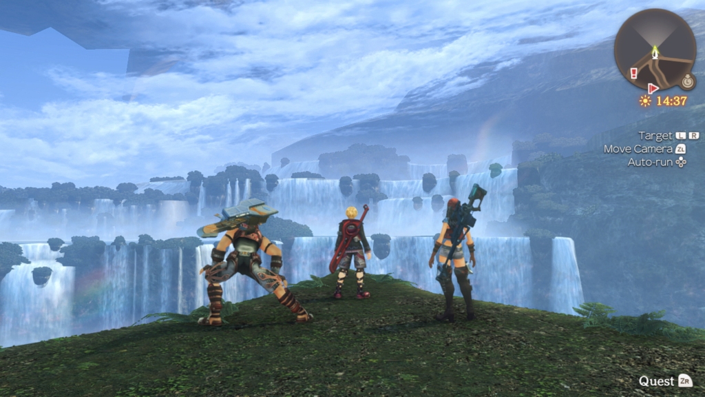 Dari kiri: Reyn, Shulk, dan Sharla di atas tebing di seberang Great Makna Falls. Letaknnya di punggung Bionis.
