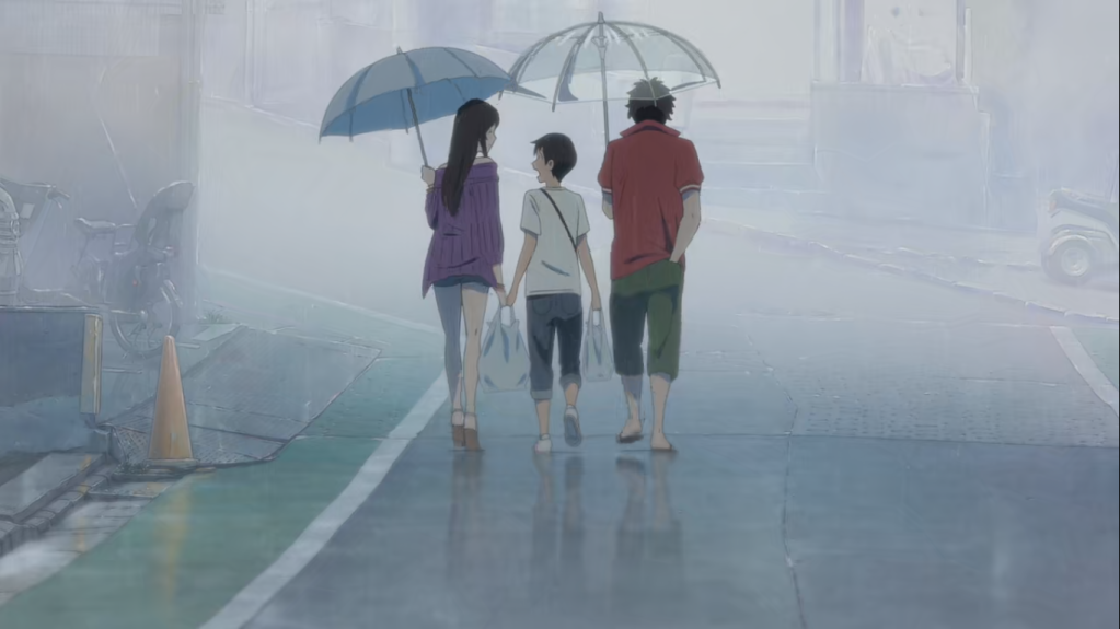 Dari kiri: Natsumi, Hodaka, dan Suga-san. Kembali dari berbelanja di tengah hujan.